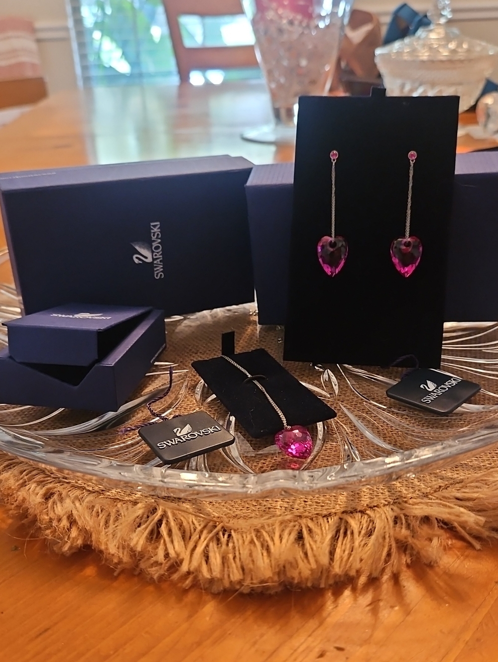 Swarovski Fuchsia Heart Drop Pendant And Earrings.